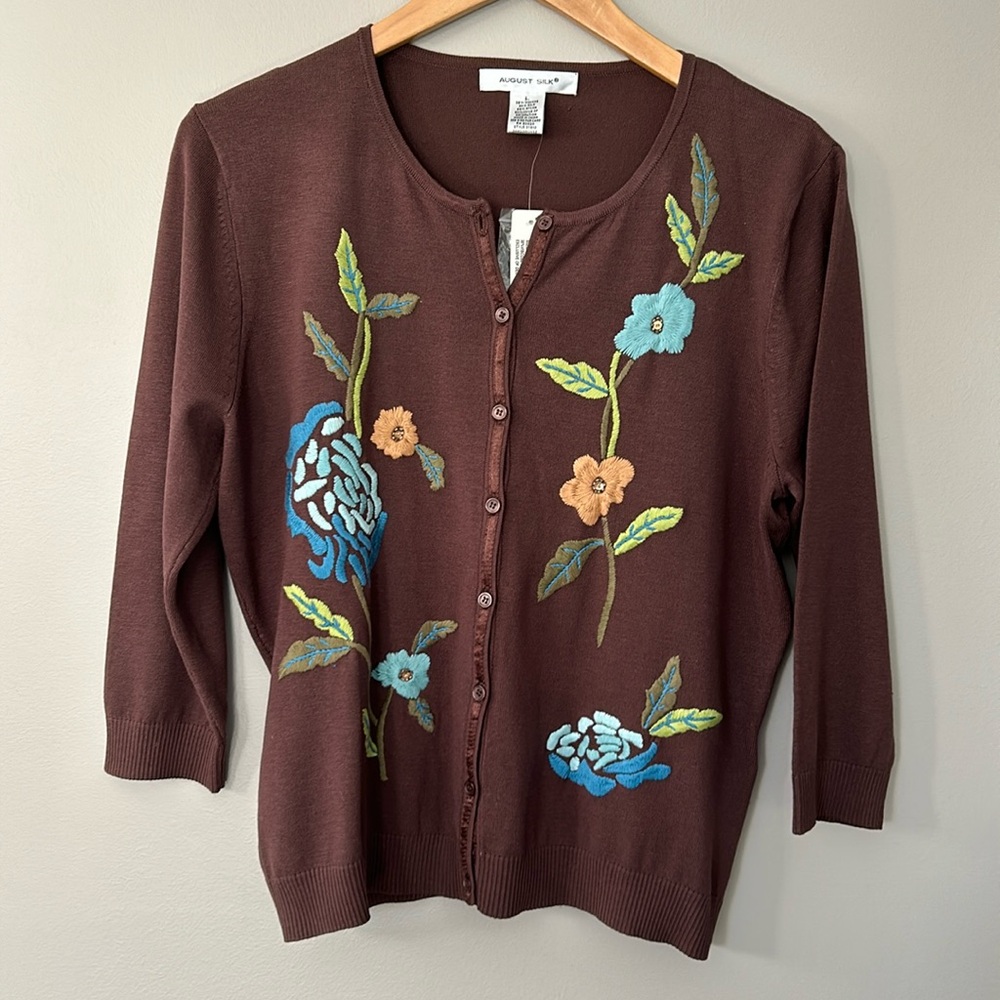 Vintage August Silk Embroidered Floral Silk Blend Cardigan Large Deadstock NWT